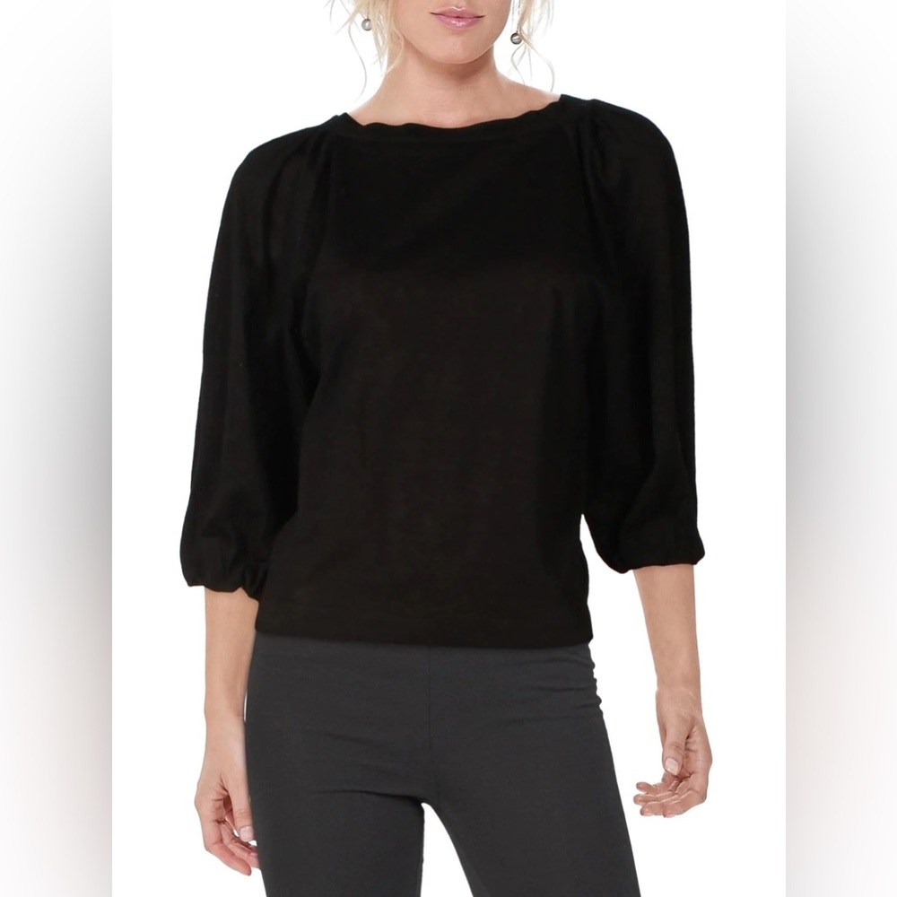 MOUSSEY Black Crewneck Puff Sleeve Top, Black, M